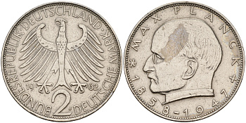 ФРГ 2 марки 1962 J, Макс Планк KM 116,  J. 392 медно-никель плакированный никелем 4149-525