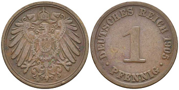 ГЕРМАНИЯ 1 ПФЕННИГ 1905 A KM 10, J. 10, Weege 2 медь 211-328