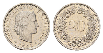 Швейцария 20 раппенов 1981 B KM 29a медно-никель 187-543