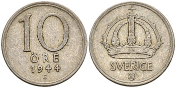 Швеция 10 эре 1944 G, Густав V (1907-1950) KM 813 серебро 4147-845