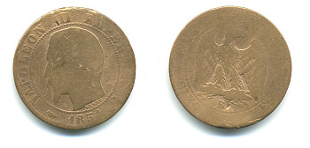 ФРАНЦИЯ 5 САНТИМОВ 1854 B, НАПОЛЕОН III (1852-1870) KM 777.2, LE FRANC 116.9 бронза 23-1323