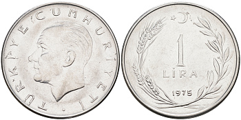 Турция 1 лира 1975 Мустафа Кемаль Ататюрк KM 889a.2 нержавеющая сталь 4117-143