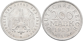 Германия 200 марок 1923 A KM 35, J. 304, Weege 22 алюминий UNC 4586-223