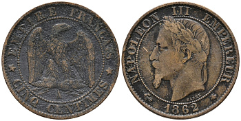 ФРАНЦИЯ 5 САНТИМОВ 1862 А, НАПОЛЕОН III (1852-1870) KM 797.1, LE FRANC 117.5 бронза 34-1156