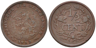 НИДЕРЛАНДЫ 1/2 ЦЕНТА 1912 ВИЛЬГЕЛЬМИНА (1890-1948) KM 138 бронза 39-159