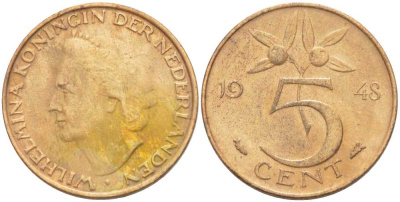 НИДЕРЛАНДЫ 5 ЦЕНТОВ 1948 ВИЛЬГЕЛЬМИНА (1890-1948) KM 176 бронза 212-1016