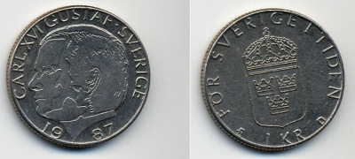 Швеция 1 крона 1987 Карл XVI Густав (1973- ) KM 852a медно-никель 35-551