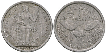 Французская Новая Каледония 1 франк 1977 птица кагу, (IEOM) KM 10, Schoen 10, Lec 40 алюминий    51-1041