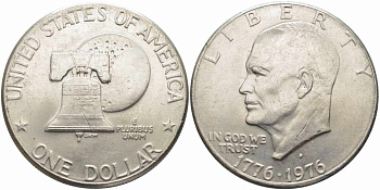 США 1 доллар 1976 D, 200 лет независимости, Президент Эйзенхауэр, колокол, тип I KM 206 медь плакированная медно-никелем 58-611