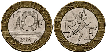 Франция 10 франков 1991 тип Гений Бастилии KM 964.1, Le Frank 375.6 биметалл 4138-334