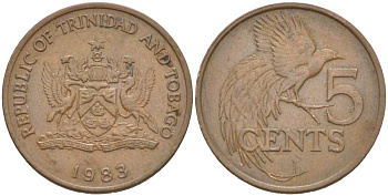 Тринидад и Тобаго 5 центов 1983 райская птица KM 30 бронза 217-531