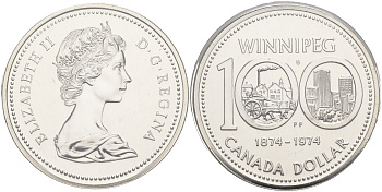 Канада 1 доллар 1974 100 лет городу Виннипег KM 88a серебро UNC 1076-2-13