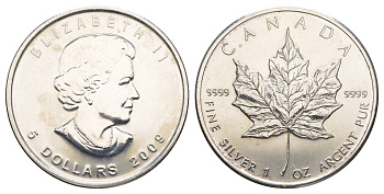 Канада 5 долларов 2009 Кленовый лист, Елизавета II KM 625 серебро BU 413-4614