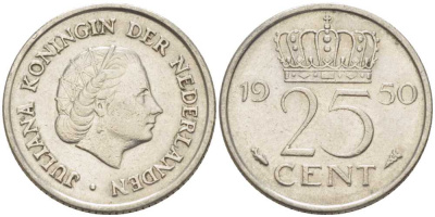 НИДЕРЛАНДЫ 25 ЦЕНТОВ 1950 ЮЛИАНА (1948-1980) KM 183 никель 214-911