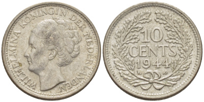 Нидерланды 10 центов 1944 Вильгельмина (1890-1948) KM 163 серебро aUNC 66-1264