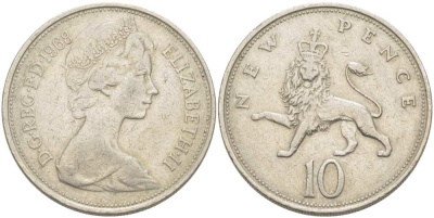 Великобритания 10 пенсов 1968 Елизавета II (1952-2022) KM 912, Spink 4231 (F1) медно-никель 215-735