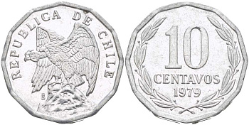 Чили 10 сентаво 1979 KM 205a алюминий 4402-423