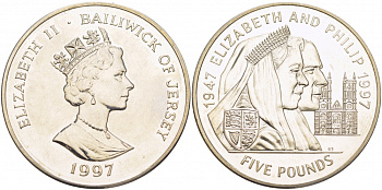 Джерси 5 фунтов 1997 Елизавета и Филипп, золотая свадьба KM 100 медно-никель UNC 04-092-45