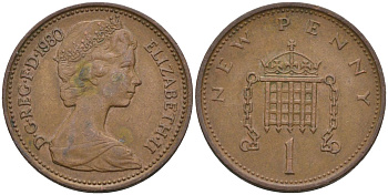 Великобритания 1 пенни 1980 Елизавета II (1952-2022) KM 915, Spink 4237 (B1) бронза 4115-714