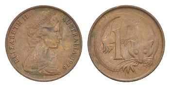 Австралия 1 цент 1976 Елизавета II (1952-2022), молодой портрет, опоссум KM 62 бронза 4585-355