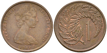 Новая Зеландия 1 цент 1967 Елизавета II, лист KM 31.1 бронза 4602-629