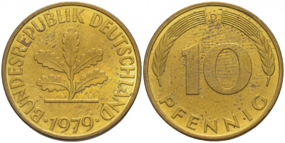 ФРГ 10 ПФЕННИГОВ 1979 D KM 108, J. 383 сталь плакированная латунью 4548-822