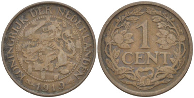 НИДЕРЛАНДЫ 1 ЦЕНТ 1919 ВИЛЬГЕЛЬМИНА I (1891-1948) KM 152 бронза 4547-868
