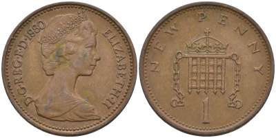 Великобритания 1 пенни 1980 Елизавета II (1952-2022) KM 915, Spink 4237 (B1) бронза 4115-714