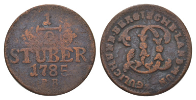 Юлих-Берг 1/2 штюбера 1785 PR, Карл Теодор (1743-1799) KM 206 медь 4622-1032