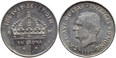 Швеция 1 крона 2007 Карл XVI Густав (1973- ) KM 894 медно-никель 93-1231