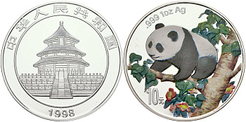 Китай 10 юаней 1998 панда, цветная эмаль KM 1132 серебро BUNC 1069-10-12