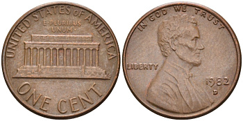 США 1 цент 1982 D, Линкольн KM 201 медь цинк 4585-1053