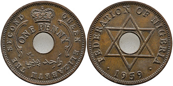 Нигерия 1 пенни 1959 Елизавета II (1952-), Британский протекторат KM 2 бронза 51-2623