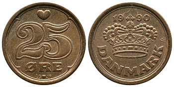 ДАНИЯ 25 ЭРЕ 1990 LG; JP; A, МАРГРЕТЕ II (1972-) KM 868.1 бронза 4110-1723