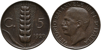 ИТАЛИЯ 5 ЧЕНТЕЗИМО 1929 R, ВИКТОР ИМАНУИЛ KM 59 медь 4392-569