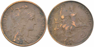 ФРАНЦИЯ 5 САНТИМОВ 1915 ТИП ДАНИЭЛЬ ДЮПЮИ KM 842, LE FRANC 119.27 бронза 108-947