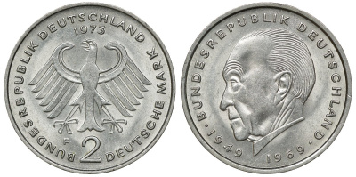 ФРГ 2 марки 1973 F, Конрад Аденауэр KM 124, J. 406 медно-никель плакированный никелем UNC 4681-1047