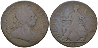 Великобритания 1/2 пенни 1773 Георг III (1760-1820) KM 601, Spink 3774 медь 4590-746