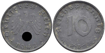 ГЕРМАНИЯ 10 РЕЙХСПФЕННИГОВ 1942 B KM 101, J. 371 цинк 4401-651