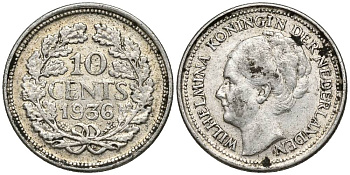 Нидерланды 10 центов 1936 Вильгельмина I (1890-1948) КМ 163 серебро 4549-1043