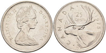 Канада 25 центов 1975 Елизавета II (1952-), олень KM 62b никель 4592-951