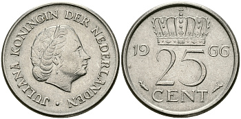 Нидерланды 25 центов 1966 Юлиана (1949-1980) KM 183 никель 96-164