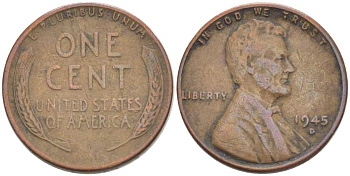 США 1 цент 1945 D, Линкольн KM А132 медь цинк 218-167