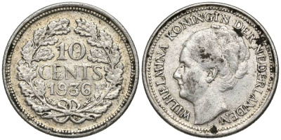 Нидерланды 10 центов 1936 Вильгельмина I (1890-1948) КМ 163 серебро 4549-1043