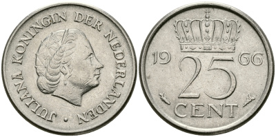 Нидерланды 25 центов 1966 Юлиана (1949-1980) KM 183 никель 96-164