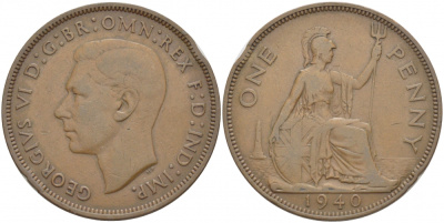 Великобритания 1 пенни 1940 Георг VI (1936-1952) KM 845, Spink 4114 бронза 3996-146