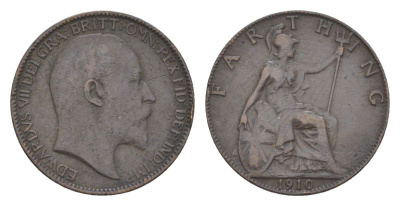 Великобритания 1 фартинг 1910 Эдуард VII (1901-1910) KM 792, Spink 3992 бронза 4630-222