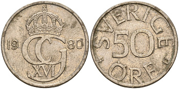 Швеция 50 эре 1980 U, Карл XVI Густав (1973- ) KM 855 медно-никель 4143-1213