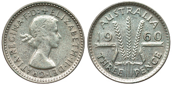 Австралия 3 пенса 1960 m, Елизавета II (1952-2022) KM 57 серебро 71-631