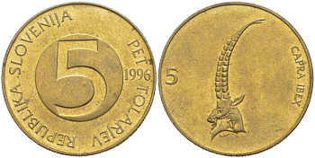 СЛОВЕНИЯ 5 ТОЛАРОВ 1996 ИБЕКС, АЛЬПИЙСКИЙ ГОРНЫЙ КОЗЁЛ KM 6 никель латунь 217-631